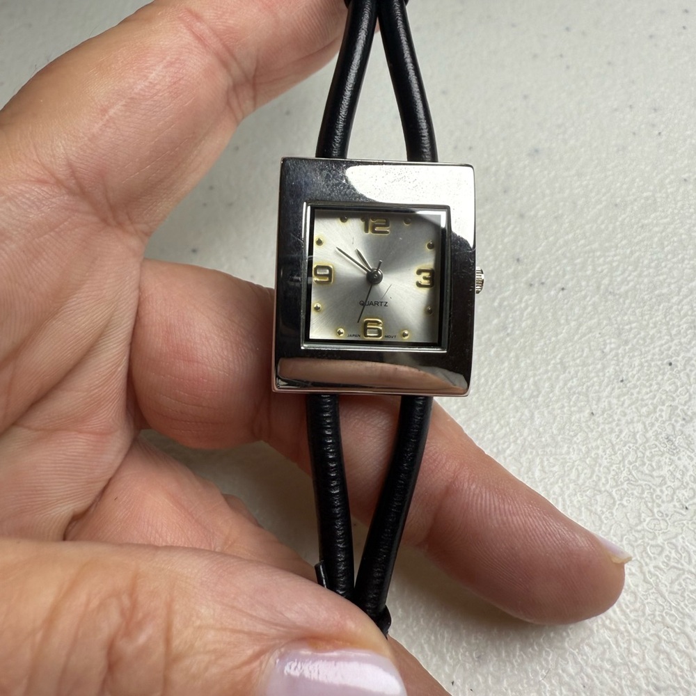 VTG Silver Rectangle Frame Watch Luminous Face Edgy Black Corded Knotted Band